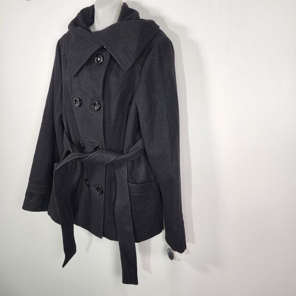Steve Madden Women Peacoat Belted Wool Blend Black Lined Size XL Pockets Outdoor - Picture 5 of 14